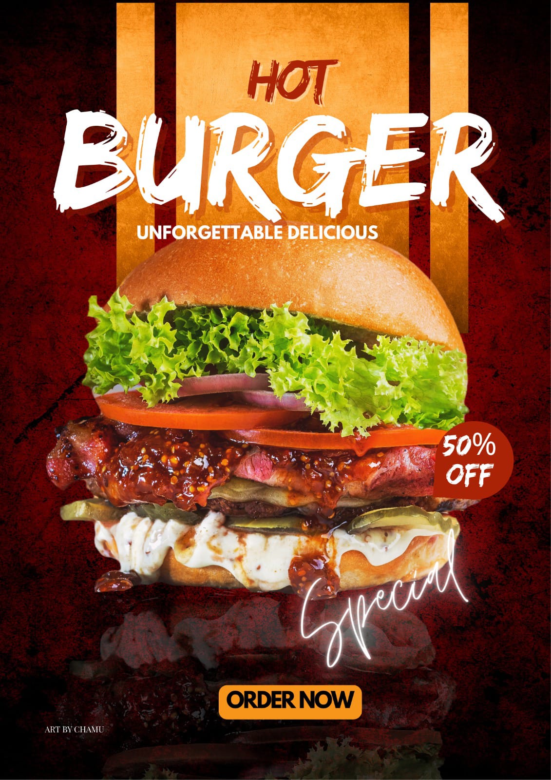 Burger promotional poster design with 50 percent off badge